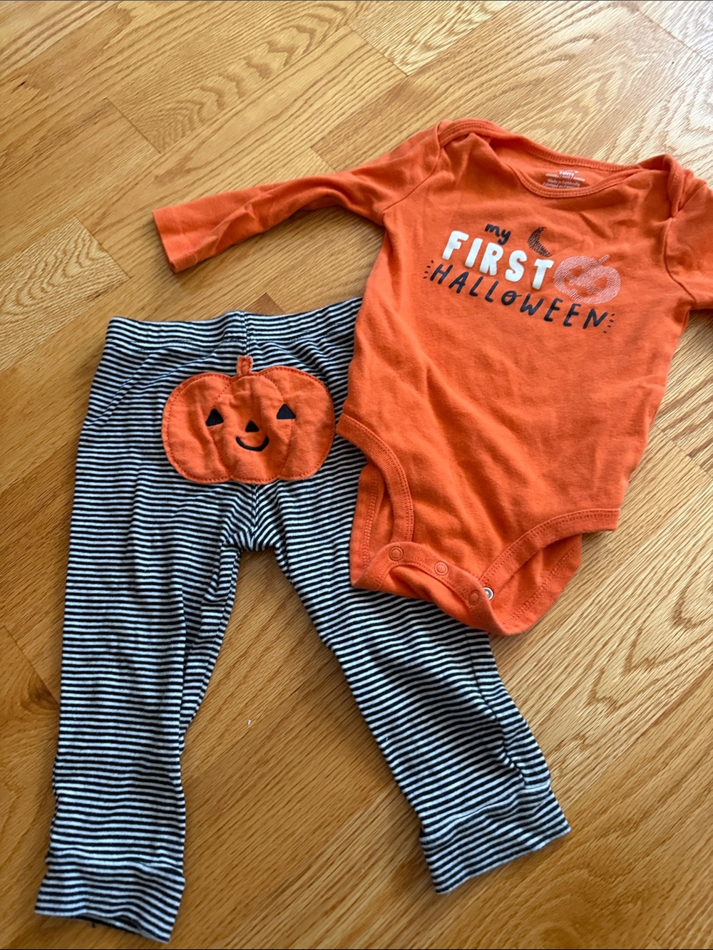 Carter's Orange 'My First Halloween' Pumpkin Bodysuit & Striped Pants Set